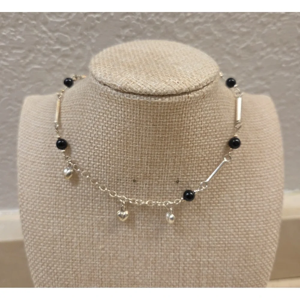 Unique Sterling Silver Black Onyx Dangle‎ Heart Charm Anklet 10.5